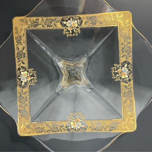 Ovington’s Alhambra Glass Cake Pedestal Platter Gold Floral Inlay Elegant Shape - Picture 5 of 14